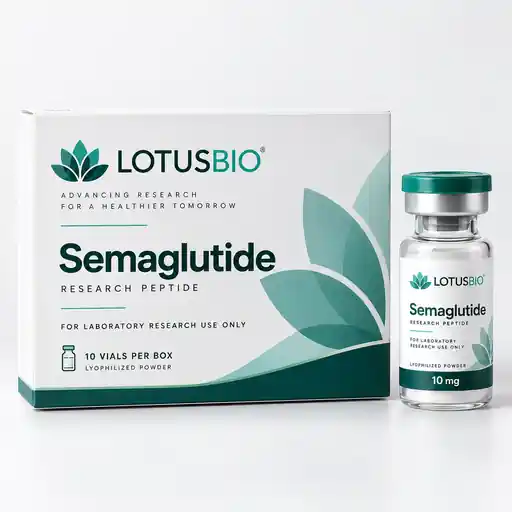 Semaglutide research peptide packaging and vial by LotusBio